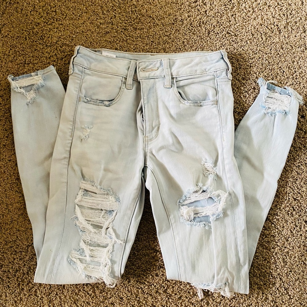 Distressed denim skinny jeans, size 6
